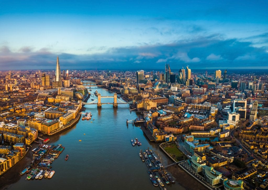 Panoramic aerial skyline view of London including Tower Bridge, Tower of London and The Shard