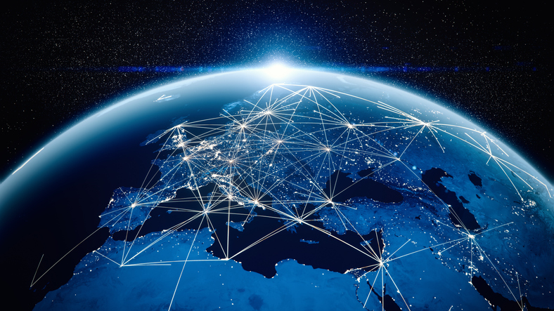 Computerised image of the globe from space showing connections between countries