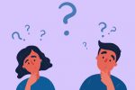 graphic of two people against a purple background with question marks above their heads