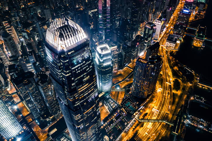 Drone view of Hong Kong cityscape at night