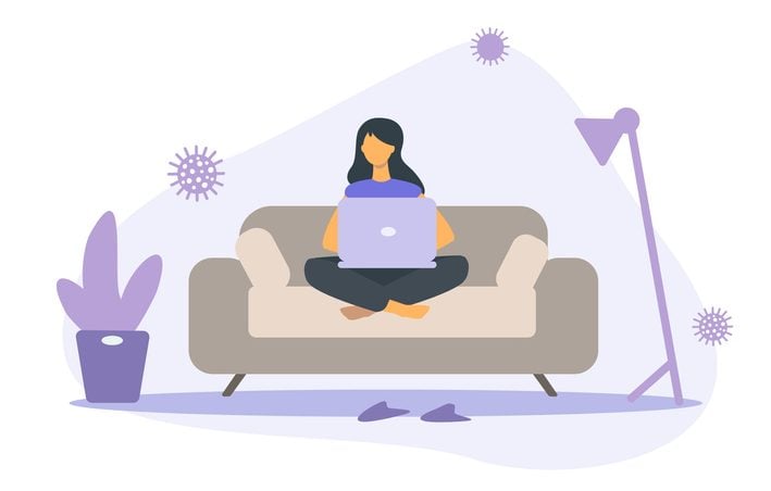 graphic of woman sitting on the sofa using a laptop